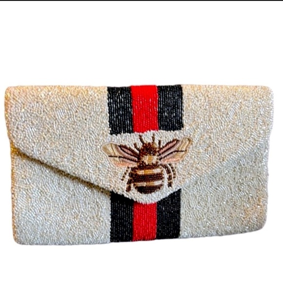 Tiana Handmade Beaded Clutch Handbag in Red White Blue with Bee Accent and Chain - Picture 7 of 7